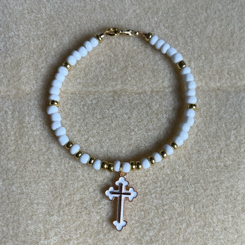 *2 for $20* White and Gold Beaded Cross Charm Bracelet